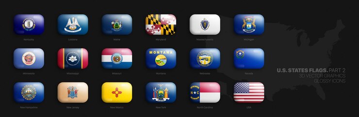 Vector todas las banderas oficiales de los estados de ee. uu. aislan el conjunto de iconos brillantes redondeados vectoriales 3d parte 2