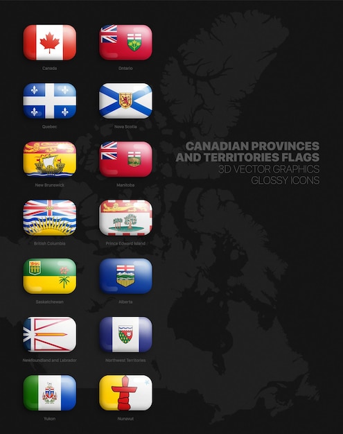 Todas las banderas oficiales de provincias y territorios canadienses aislados conjunto de iconos brillantes redondeados vectoriales 3D
