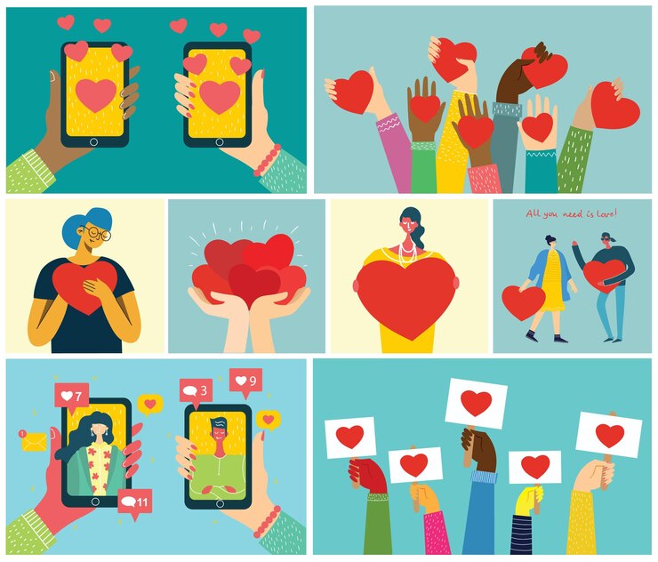 Vector todo lo que necesitas es amor. manos y personas con corazones como masajes de amor.