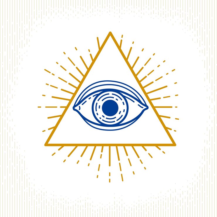 Vector todo el ojo de dios que ve en el triángulo de la geometría sagrada, el símbolo de la mampostería y los illuminati, el logotipo vectorial o el elemento de diseño del emblema.