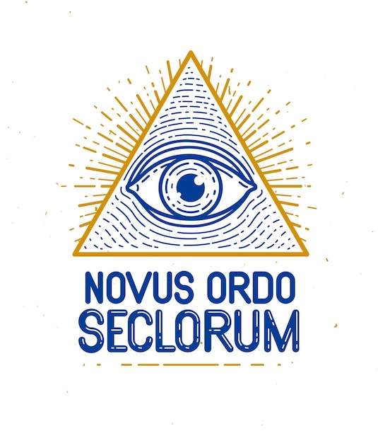 Todo el ojo de dios que ve en el triángulo de la geometría sagrada, el símbolo de la mampostería y los illuminati, el logotipo vectorial o el elemento de diseño del emblema.