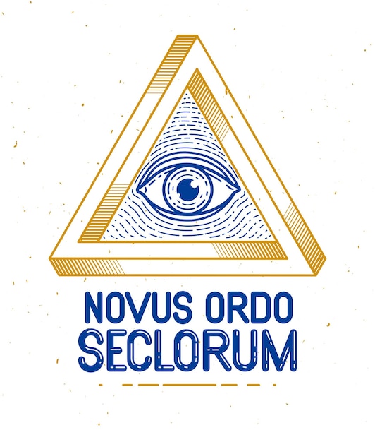 Todo el ojo de dios que ve en el triángulo de la geometría sagrada, el símbolo de la mampostería y los illuminati, el logotipo vectorial o el elemento de diseño del emblema.