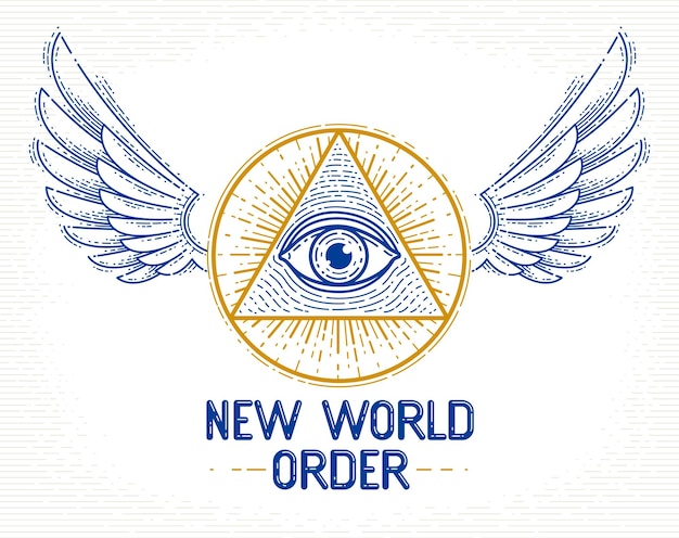 Todo el ojo de Dios en el triángulo de geometría sagrada con alas de pájaro de halcón o ángel, símbolo de mampostería e iluminación, logotipo vectorial o elemento de diseño de emblema.