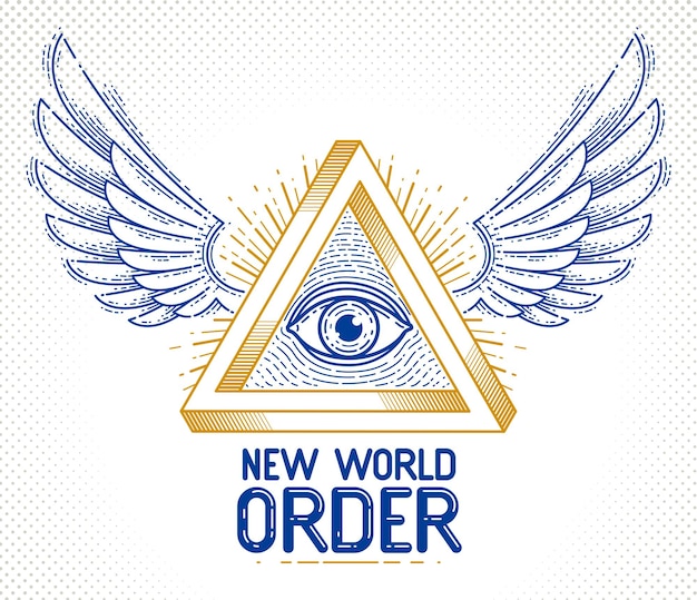 Todo el ojo de Dios en el triángulo de geometría sagrada con alas de pájaro de halcón o ángel, símbolo de mampostería e iluminación, logotipo vectorial o elemento de diseño de emblema.