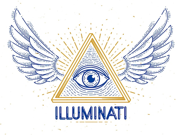 Todo el ojo que ve de dios en la geometría sagrada triángulo con alas de pájaro de halcón o ángel mampostería y Illuminati símbolo vector logotipo o elemento de diseño de emblema