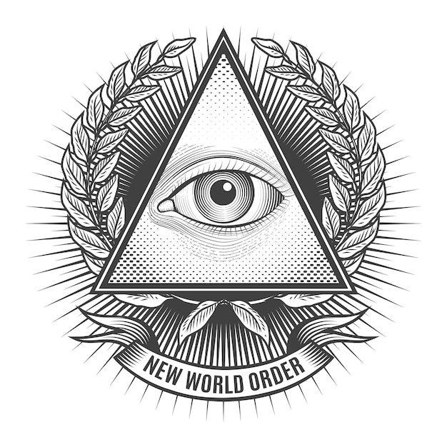 Todo ojo que ve en triángulo delta. icono de pirámide y masonería, emblema del nuevo orden mundial,
