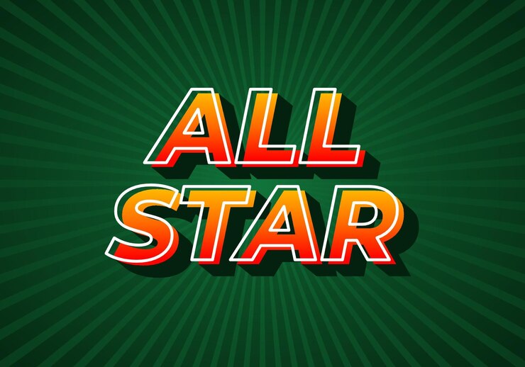 Vector todos los efectos de texto de estrella en gradiente amarillo color rojo aspecto 3d fondo verde oscuro