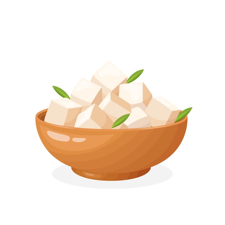 Vector tofu en un plato de madera sobre un fondo blanco.