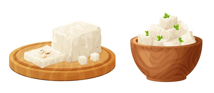 Vector tofu en tablero de madera oliva de soja composición de feta en rebanadas al estilo de dibujos animados alimentos saludables vegetarianos queso tradicional griego ilustración vectorial aislada sobre fondo blanco