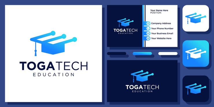 Vector toga tech logo toga cap technology logo educación digital vector logo design with business card