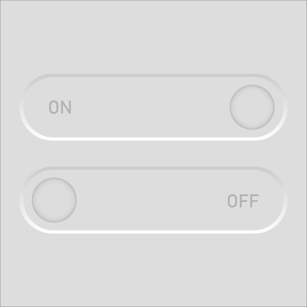 Toggle switches interface ON OFF minimal text Neumorphic button Vector set Control status element