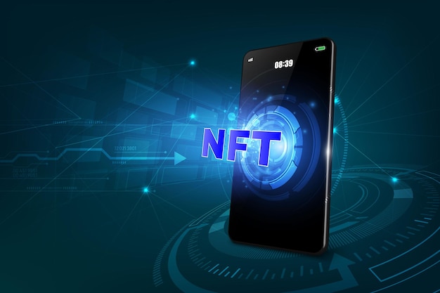 Token criptográfico nft con banner de aplicación de teléfono móvil token no fungible y teléfono inteligente con aplicación para comprar token nft de artes criptográficas en tecnología blockchain