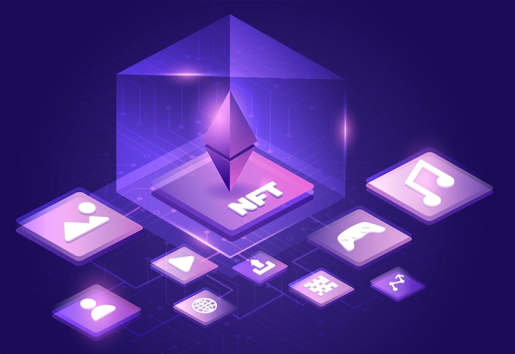 Vector token nft en arte criptográfico banner token no fungible con aspectos de propiedad intelectual