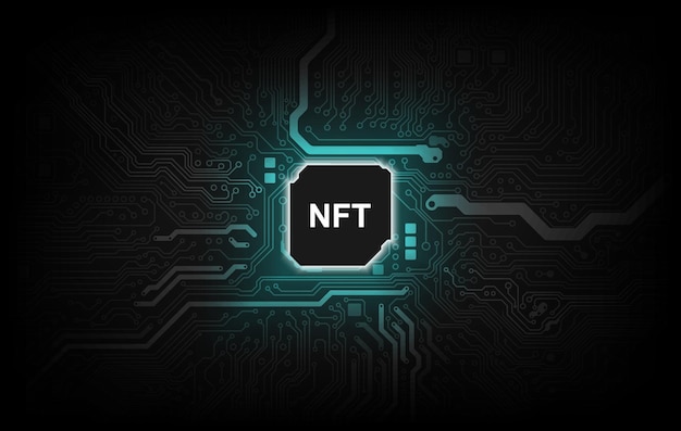 Token NFT texto en el chip de la CPU con fondo de placa de circuito digital. El concepto de NFT se vuelve más popular y conocido. Producto de la tecnología de criptomonedas