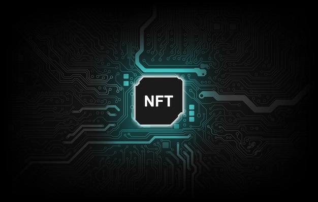 Vector token nft texto en el chip de la cpu con fondo de placa de circuito digital. el concepto de nft se vuelve más popular y conocido. producto de la tecnología de criptomonedas