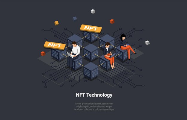 Token no fungible Blockchain Gente analizando y comprando NFT en Marketplace para recolectar y obtener ganancias pagadas por coleccionables únicos en juegos o arte Concepto isométrico 3D Ilustración vectorial