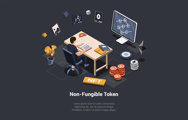 Token no fungible cryptoart mover para ganar concepto hombre comprando nft en marketplace para recolectar y obtener ganancias pague por coleccionables únicos en juegos o arte isométrico 3d vector ilustración