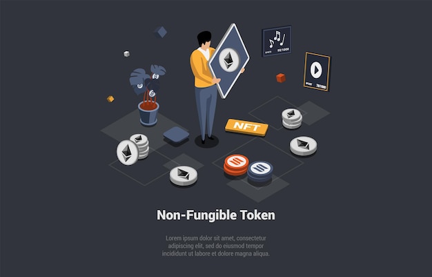 Token no fungible Jugar Mover para ganar Concepto Hombre comprando NFT en Marketplace para recolectar y obtener ganancias Pagar por coleccionables únicos en juegos o arte Isométrico 3D Dibujos animados Vector Ilustración