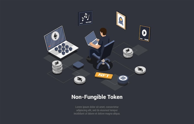 Token no fungible Jugar Mover para ganar Concepto Hombre que compra NFT para recolectar y obtener ganancias en el futuro Pagar por coleccionables únicos en juegos o arte Ilustración de vectores de dibujos animados 3D isométricos