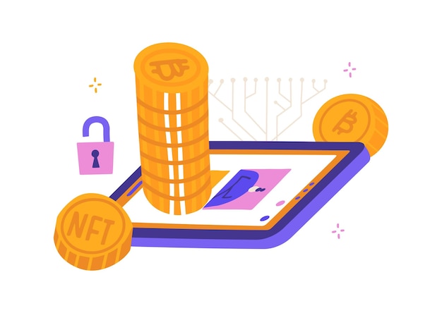 Token no fungible NFT en la pantalla del teléfono aislado sobre fondo blanco. Pila de monedas criptográficas. Paga por coleccionables únicos en juegos o arte. Ilustración de vector plano.