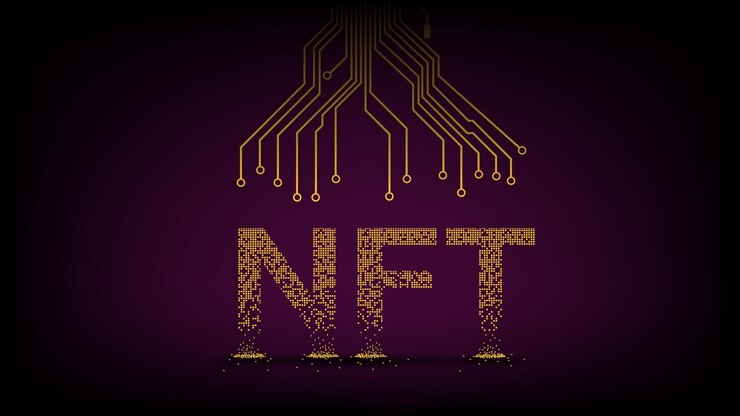 Vector token no fungible ntf de texto desmenuzado de cubos dorados que caen y pistas de pcb en la parte superior. texto fragmentado de bloques amarillos. encabezado o banner del sitio web. ilustración vectorial.