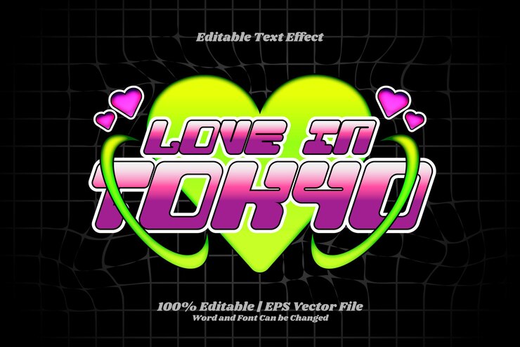 Vector tokyo love texto editable efecto gradiente estilo y2k