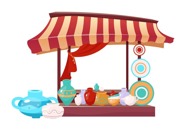 Toldo de bazar con dibujos animados de cerámica artesanal. Objeto de color plano de tienda de mercado oriental. Pabellón de feria al aire libre con loza artesanal, vajilla de barro aislado en blanco.