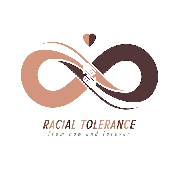 Tolerancia racial entre diferentes naciones símbolo conceptual, Día de Martin Luther King, Tolerancia cero, símbolo vectorial creado con el signo de bucle infinito y dos manos de personas de diferentes razas tocando