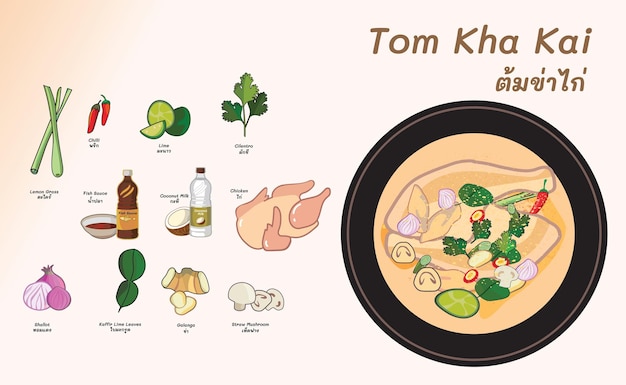 Vector tom kha kai recetas de comida tailandesa