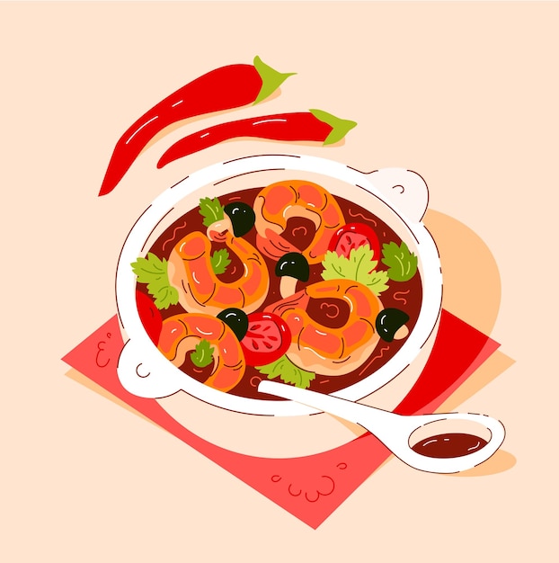 Tom ñam sopa. Sopa agridulce con camarones. Comida asiática. ilustración vectorial