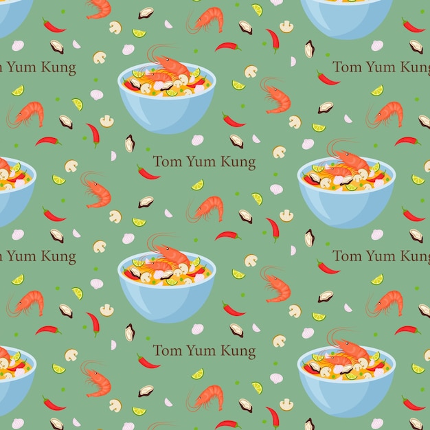 Tom yum kung Sopa picante tailandesa Patrón Ilustración vectorial