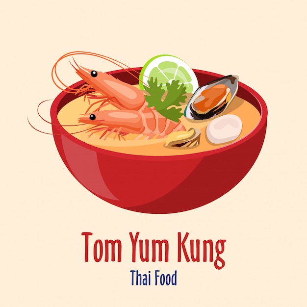 Vector tom yum kung - tazón rojo con sabrosa sopa de mariscos con gambas, lima y ostras, cocina tailandesa