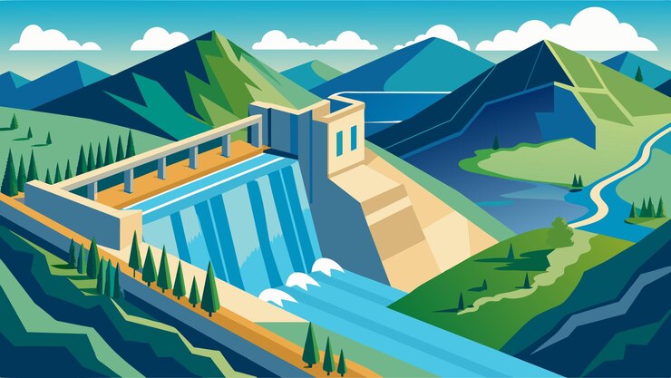 Vector la toma aérea captura la enormidad de la presa de pie alto contra el vector del paisaje natural