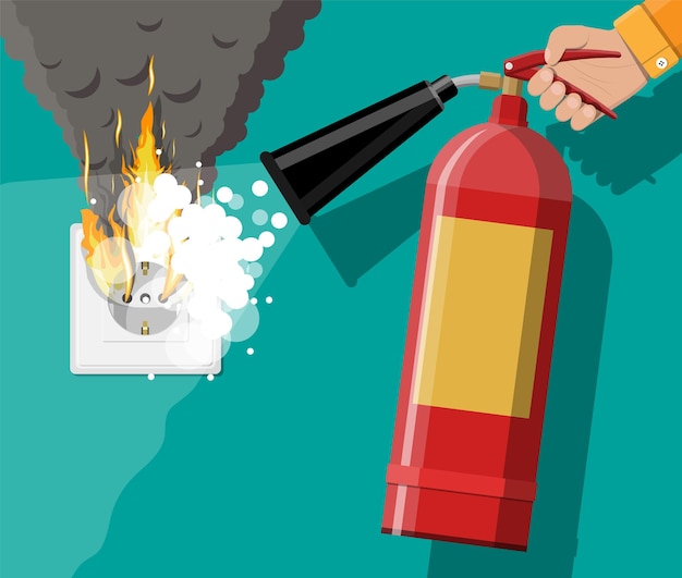Toma de corriente con enchufe en el fuego y extintor en mano con espuma. Sobrecarga de la red. Cortocircuito. Concepto de seguridad eléctrica. Toma de pared en llamas con humo.