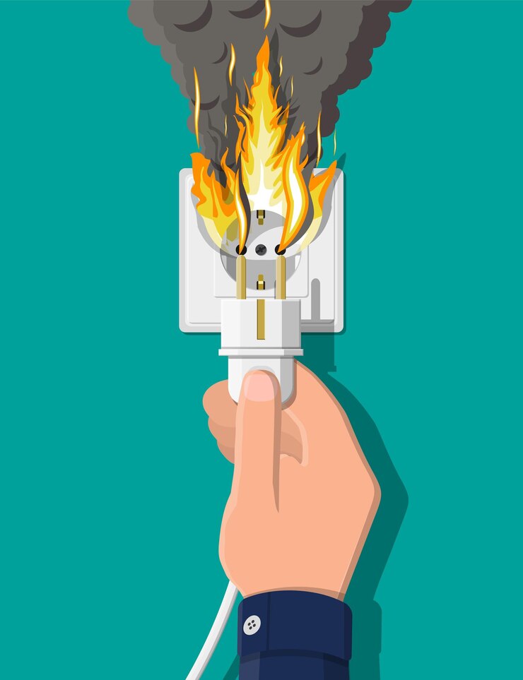 Vector toma de corriente con enchufe en llamas. sobrecarga de red. cortocircuito. concepto de seguridad eléctrica. toma de pared en llamas con humo. ilustración de vector de estilo plano