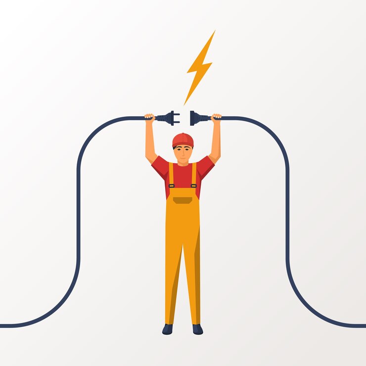 Vector toma de corriente y enchufe en manos del trabajador. desenchufe, enchufe enchufado. diseño plano de ilustración vectorial. conexión del enchufe de alimentación. aislado en el fondo. electricista profesional.