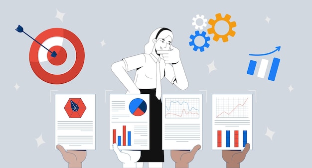 Toma de decisiones impulsada por datos y análisis de negocios Concepto de ilustración 2D