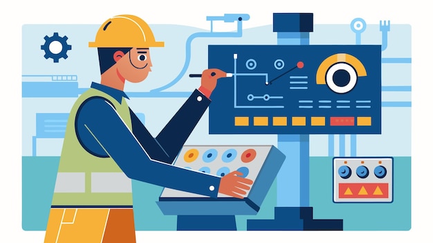 Una toma detallada de un trabajador ajustando la configuración en una máquina de ensamblaje de alta velocidad en una microfábrica