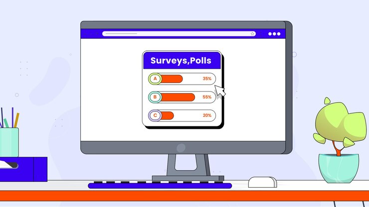 Vector tomada de pantalla de computadora en zoom que muestra la interfaz de encuestas y encuestas