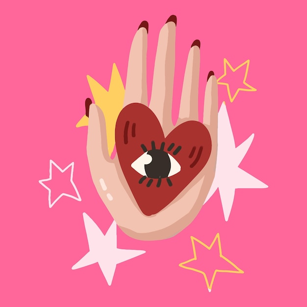 Tomando el corazón de la mano con el ojo y las estrellas