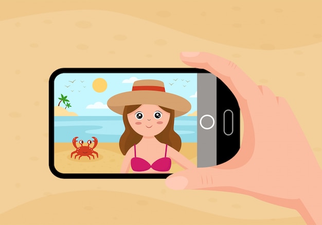 Vector tomando selfie con linda chica y cangrejo. verano y playa.