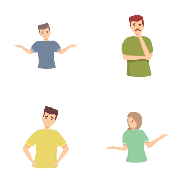 Tomar decisiones iconos conjunto vector de dibujos animados El personaje no sabe qué hacer