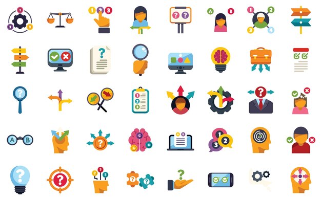 Tomar decisiones iconos conjunto de vector simple prueba de sesgo decidir identidad encontrar la oportunidad