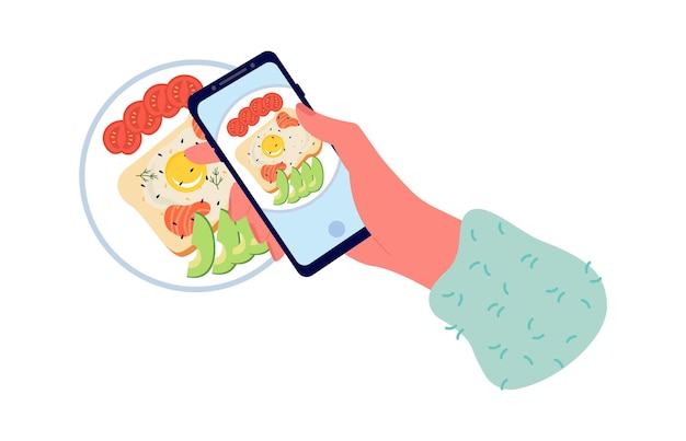 Tomar foto icono plano Imagen de desayuno en smartphone Blog de comida