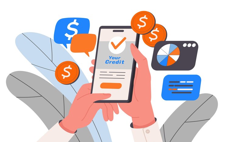 Vector tomar un préstamo en el concepto de teléfono operaciones financieras banca aplicación móvil manos con teléfono inteligente