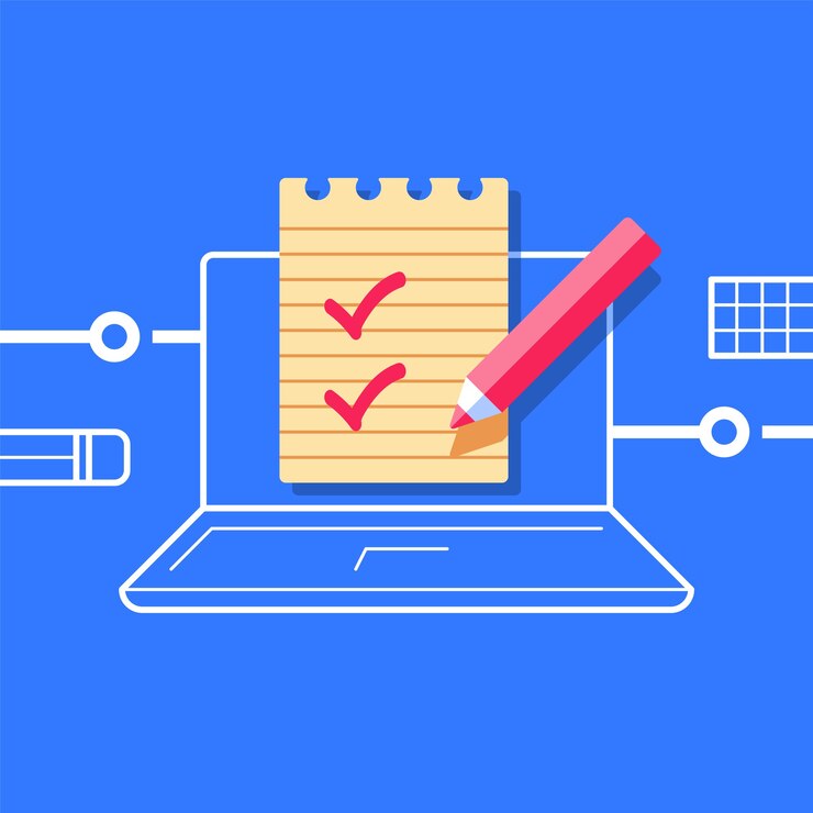 Tomar una prueba, verificar conocimientos, clase en línea, preparación de exámenes, concepto de educación en Internet, lista de verificación en computadora, ilustración