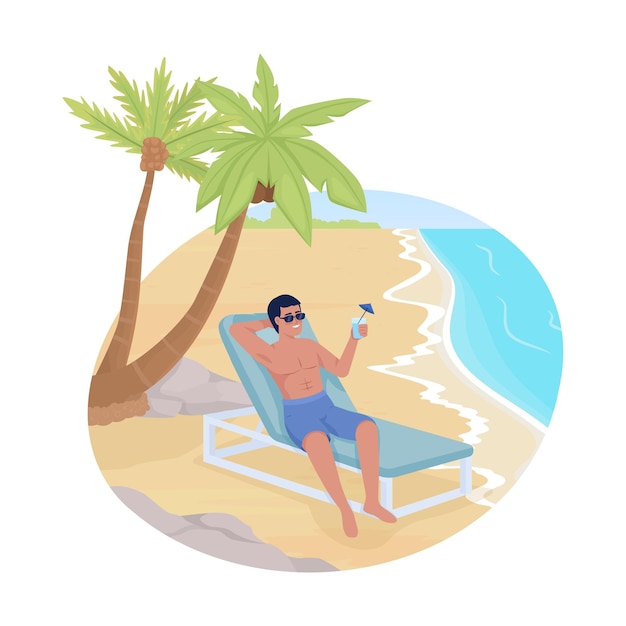 Tomar el sol con un cóctel en la silla de playa 2D vector ilustración aislada