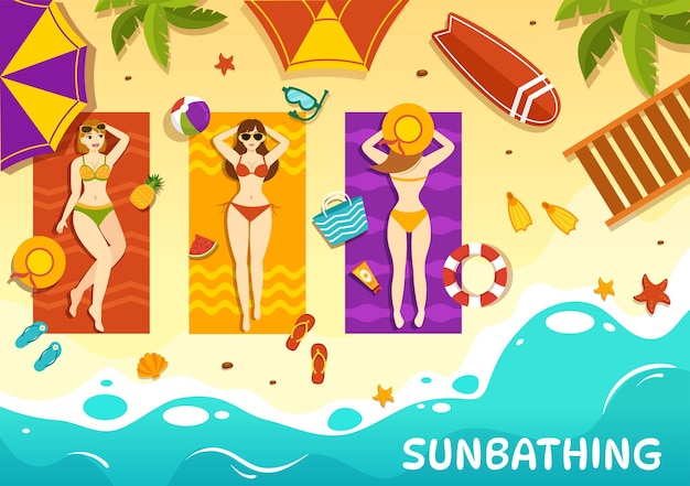 Tomar el sol Vector Ilustración de personas tendidas en Chaise Lounge y relajarse en la playa Vacaciones de verano