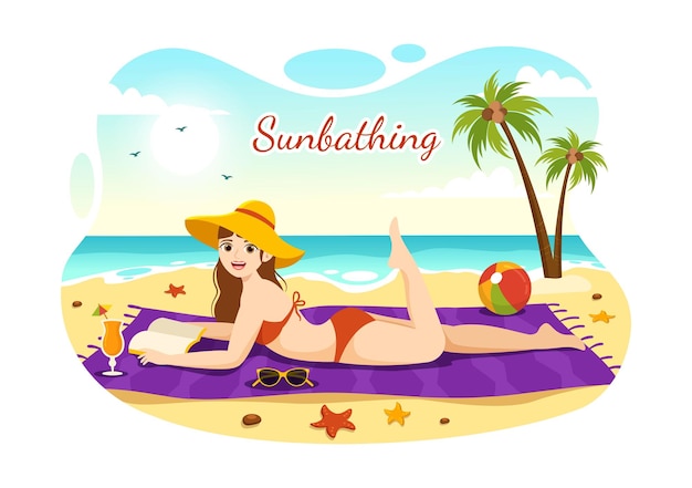 Tomar el sol Vector Ilustración de personas tendidas en Chaise Lounge y relajarse en la playa Vacaciones de verano