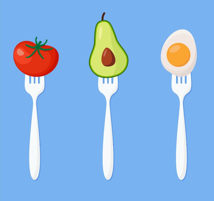 Vector tomate, aguacate, huevo en horquillas concepto de dieta. ilustración vectorial. eps 10